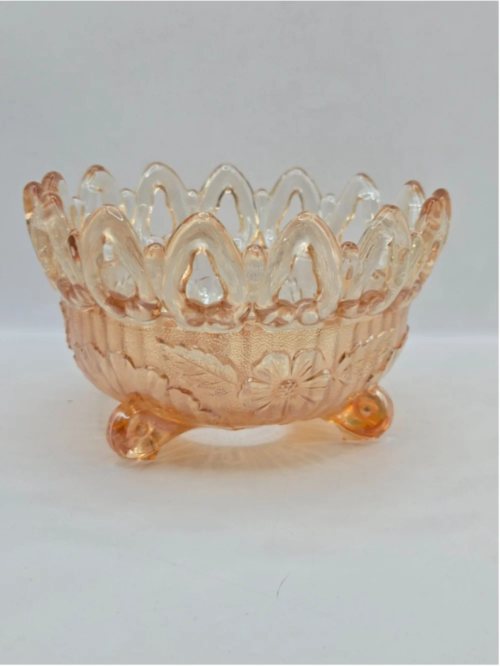 Northwood Marigold Carnival Glass Wild Rose & Shell Nut Bowl Open Lace 3 Footed